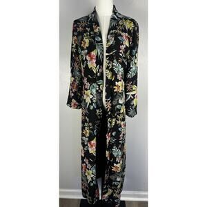 Zara TRF-Outerwear Black Multi Tropical Open Front Long Duster/Kimono Belt L-XL